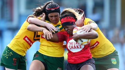 Tiera Reynolds of Canada is tackled during the Women's Rugby League World Cup match between the Canadian Ravens and the Australian Jillaroos at Southern Cross Group Stadium in Sydney, Australia. Mark Nolan / Getty Images