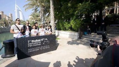 The cast of the Arabic movie 678, with its director, Mohamed Diab, wearing a black jacket, at Madinat Jumeirah during the festival.