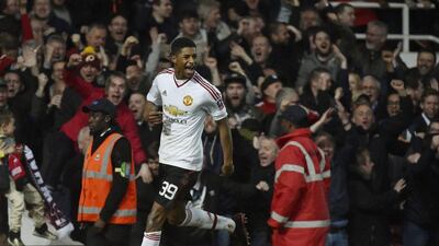 Marcus Rashford celebrates after scoring the first goal for Manchester United. Reuters / Toby Melville