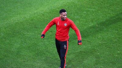 Anthony Martial of Manchester United looks on during their training session for their Tuesday Champions League match against Wolfsburg in Germany. Martin Rose / Bongarts / Getty Images