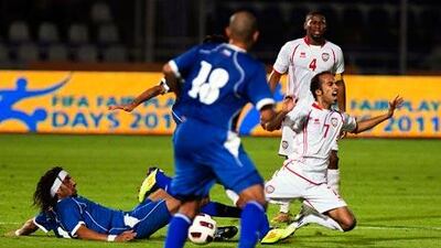 Ali Al Wehaibi, in the white No 7 shirt, limped out of training yesterday and is doubtful for the UAE’s match in Lebanon.