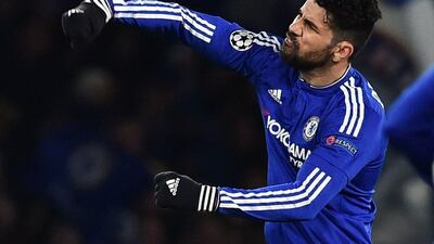 Diego Costa celebrates scoring Chelsea’s equaliser. Ben Stansall / AFP