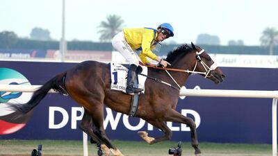 Mubtaahij, ridden by Christophe Soumillon, won the UAE Derby at the Meydan Racecourse in Dubai. ( Pawan Singh / The National