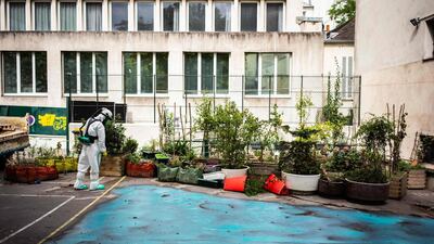 A worker sprays a gel on the ground to absorb lead as he takes part in a clean-up operation at Saint Benoit school near Notre-Dame Cathedral in Paris during a decontamination operation. AFP