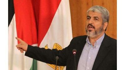 The Damascus-based Hamas leader Khaled Meshaal speaks at a reconciliation ceremony with the rival Fatah party in Cairo last month. Khaled Desouki / AFP