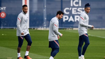 Paris Saint-Germain's forwards Neymar, Lionel Messi and Kylian Mbappe during a training session on Thursday, April 28, 2022. AFP