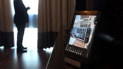 An iPad is installed in the living room area of a suite at Suba Hotel in Dubai. Satish Kumar / The National