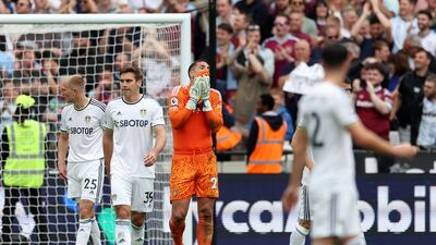 Leeds United goalkeeper Joel Robles with teammates during their 3-1 Premier League defeat to West Ham United at London Stadium on May 21, 2023. Getty