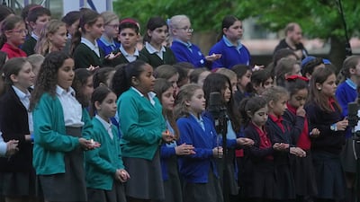 Children from Jewish primary schools sing at the Holocaust remembrance ceremony in Westminster on Sunday. PA