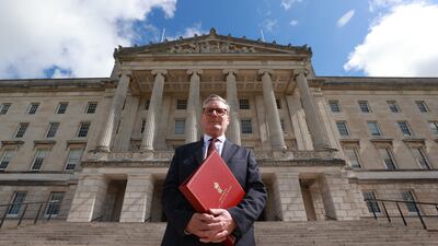 Mr Starmer outside the Stormont parliament buildings in Belfast, following a meeting with party leaders in Northern Ireland, in July