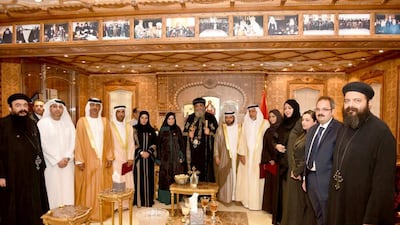 Pope Tawadros II, the Pope of Alexandria, receives Dr Amal Al Qubaisi, Speaker of Federal National Council (FNC), and her accompanying delegation at the St. Mark’s Coptic Orthodox Cathedral in Cairo. Wam