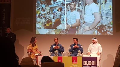 Second left to right: UAE Astronauts Hazzaa AlMansoori, Sultan AlNeyadi and Salem AlMarri from the Mohammed Bin Rashid Space Centre appear at the Emirates Airline Festival of Literature. Courtesy: Saeed Saeed