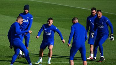 Neymar, Lionel Messi, Keylor Navas, Kylian Mbappe and Marco Verratti train on Tuesday. AFP