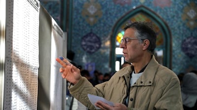A voter fills out his ballot in the parliamentary elections at a polling station in Tehran, Iran. Iranians began voting for a new parliament on Friday, with turnout seen as a key measure of support for Iran's leadership as sanctions weigh on the economy and isolate the country diplomatically. AP