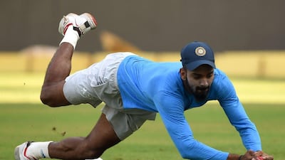 India’s Lokesh Rahul catches a ball during training. Punit Paranjpe / AFP