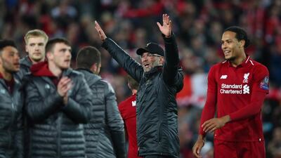Liverpool manager Jurgen Klopp celebrates his sides victory in the Uefa Champions League semi-final against Barcelona at Anfield. Getty Images