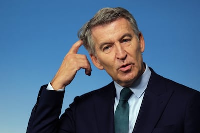 People's Party leader Alberto Nunez Feijoo gives a press conference at his party headquarters in Madrid following the prime minister's early election announcement. AFP