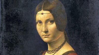 'La Belle Ferronniere' (1490-96). It is also known as 'Portrait of an Unknown Woman'. The woman has never been identified, although an exhibition in 2012 listed the portrait as possibly depicting Beatrice d'Este, wife of Ludovico il Moro. It is usually housed in the Louvre, Paris, but is currently on loan to Louvre Abu Dhabi