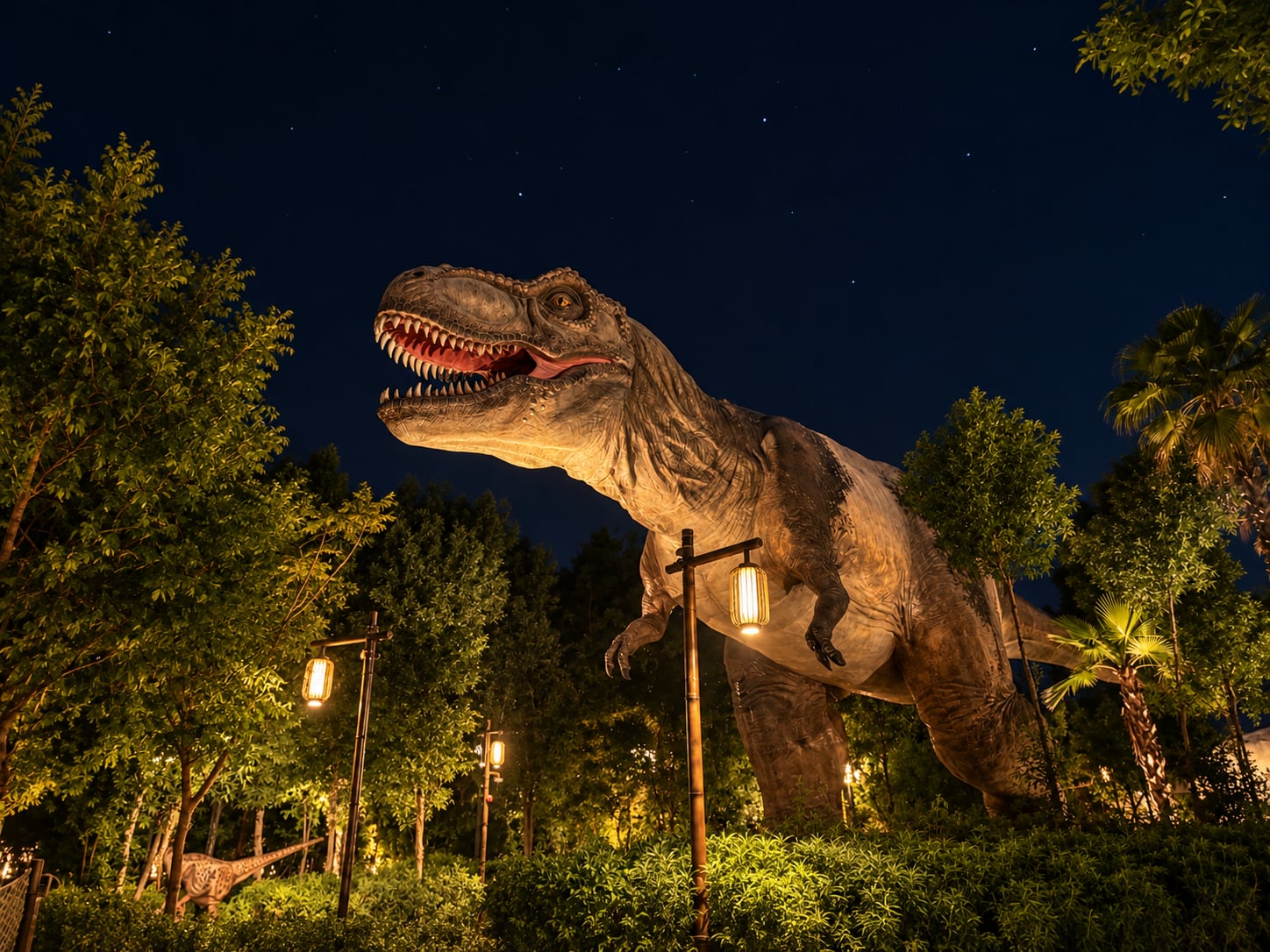 A dinosaur greeting at Dubai Parks and Resorts' T-Rex Glamping. Shazia Ahmed / The National