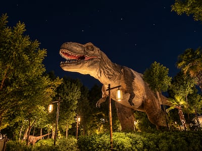 A dinosaur greeting at Dubai Parks and Resorts' T-Rex Glamping. Shazia Ahmed / The National