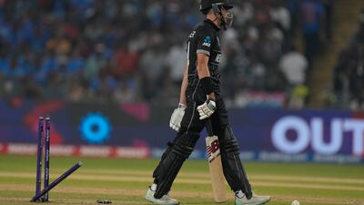 New Zealand's Mitchell Santner after being bowled out by South Africa's Keshav Maharaj. AP