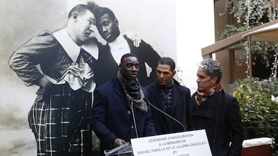 From left, French actor Omar Sy, French director Roschdy Zem, and French actor James Thierree. Thomas Samson / AFP Photo