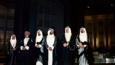 A 1987 meeting in Oman of Emir of Bahrain Sheikh Isa II bin Salman II Al Khalifa, Oman's Sultan Qaboos, Kuwait Emir Jaber Al Ahmad, Sheikh Mohammed bin Rashid, Vice President and Prime Minister of the UAE, Saudi Arabia’s Fahd bin Abdulaziz, King Fahd of Saudi Arabia, Emir of Qatar Sheikh Khalifa bin Hamad. Photo: AFP