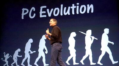 FILE: Steve Jobs, chief executive officer and co-founder of Apple Inc., speaks at MacWorld 2001 in San Francisco, California on January, 9, 2001. Jobs, who built the world's most valuable technology company by creating devices that changed how people use ???