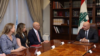 US ambassador in Lebanon Lisa Johnson, presidential envoy Morgan Ortagus and envoy to Syria Tom Barrack during a meeting with Lebanese President Joseph Aoun. Reuters