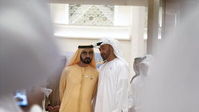 Sheikh Mohamed bin Zayed, Crown Prince of Abu Dhabi and Deputy Supreme Commander of the UAE Armed Forces (R) and Sheikh Mohamed bin Rashid, Vice-President, Prime Minister of the UAE, Ruler of Dubai and Minister of Defence (L), attend the Determination Retreat, at the Presidential Palace. Mohamed Al Hammadi / Ministry of Presidential Affairs