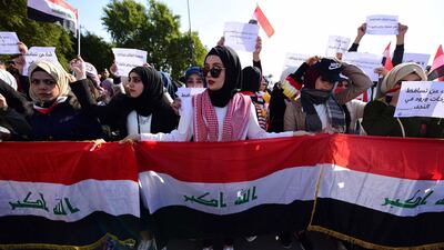 Iraqi university students take part in a protest in central Baghdad, Iraq. EPA