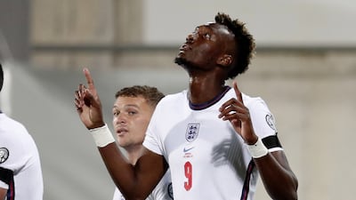 ammy Abraham reacts after scoring the third goal against Andorra. EPA