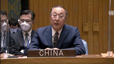 China's Ambassador Zhang Jun speaks during the emergency meeting. AP