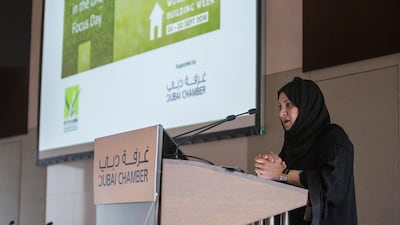 Habiba Al Marashi, co-vice chair of Emirates Green Building Council, speaking at Dubai Chamber. Leslie Pableo / The National
