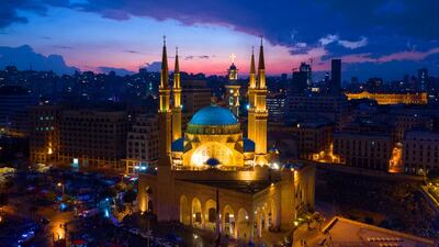 A picture taken with a drone shows an aerial view shows Muhammad Al Amin Mosque during sunset in downtown Beirut, Lebanon. EPA