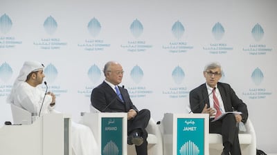 From left: Hamad Al Kaabi, Permanent Representative of the UAE to the IAEA, Yukiya Amano, director general of the International Atomic Energy Agency, and panelist Philippe Jamet speak at the World Government Summit. Antonie Robertson / The National