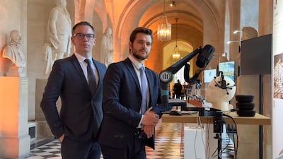 Neuroscientist and neurotech-AI entrepreneur Olivier Oullier, far left, and his co-founder Paul Barbaste with Prometheus BCI. Photo: Inclusive Brains