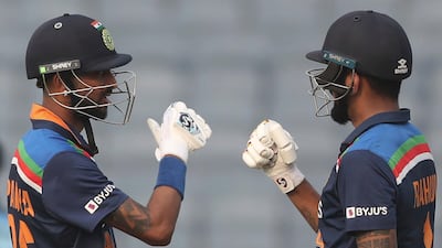 Krunal Pandya, left, and KL Rahul starred in a century stand in the first ODI against England in Pune on Tuesday. AP