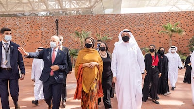 Amina Mohammed, Deputy Secretary-General of the United Nations and Chair of the United Nations Sustainable Development Group and Najeeb Mohammed Al-Ali, executive director, commissioner general office, Expo 2020 Dubai, visit the United Nations Hub during the United Nations Honour Day.