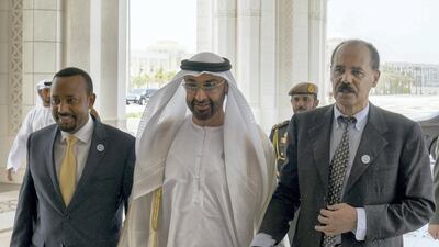 Sheikh Mohammed bin Zayed with Abiy Ahmed, Prime Minister of Ethiopia (L) and Isaias Afwerki, President of Eritrea (R). Hamad Al Kaabi / Crown Prince Court - Abu Dhabi