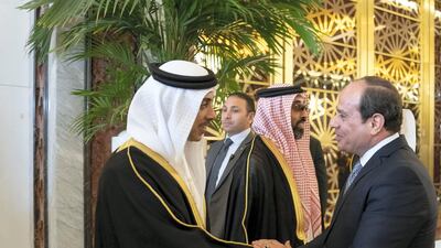 Sheikh Mansour bin Zayed, Deputy Prime Minister and Minister of Presidential Affairs (L) greets Abdel Fattah El Sisi, President of Egypt (R), at the Presidential Airport. Mohamed Al Hammadi / Ministry of Presidential Affairs