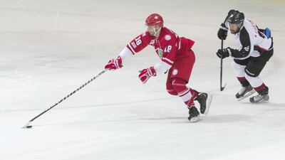 Abu Dhabi Storms, white, and Team Lebanon, red, compete in the final of the Arab Clubs Championship. Abu Dhabi storms picked up the trophy at 5 to 3 win. Reem Mohammed / The National