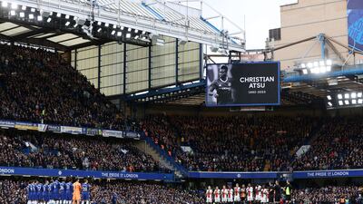 A minute's silence in memory of former Chelsea player Christian Atsu at Stamford Bridge, West London, England, on February 18, 2023. AFP