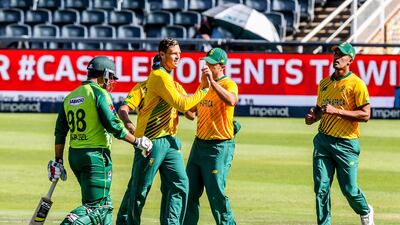 South Africa celebrate the wicket of Sharjeel Khan in Johannesburg. Getty