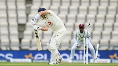 England batsman Joe Denly is bowled by Shannon Gabriel of the West Indies. Getty