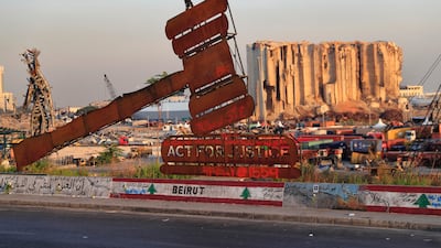 A justice symbol monument erected near the port in Beirut where a blast in 2020 killed more than 200 people and destroyed surrounding areas of the the Lebanese capital. AP