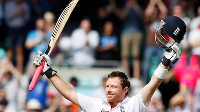 Ian Bell celebrates reaching his double hundred yesterday against India. He was eventually out for 235.