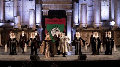 Circassian dancers from Al-Jeel Al-Jadeed Club (the New Generation Club) perform during the 2019 Jerash Festival of Culture and Arts at the Jerash archeological site, Jerash, some 46 km North of Amman, Jordan. EPA