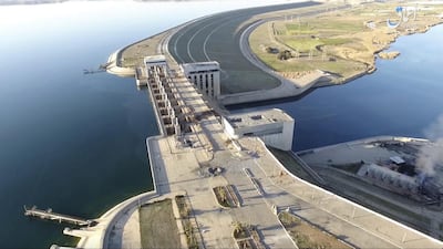 The Tabqa Dam in Syria’s Raqqa province, as seen in footage taken by a drone and posted online on March, 27, 2017 by ISIL’s Amaq propaganda agency. Amaq via AP