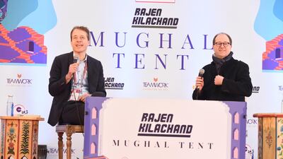 Sven Beckert (l) and host Patrick French at the Jaipur Literature Festival